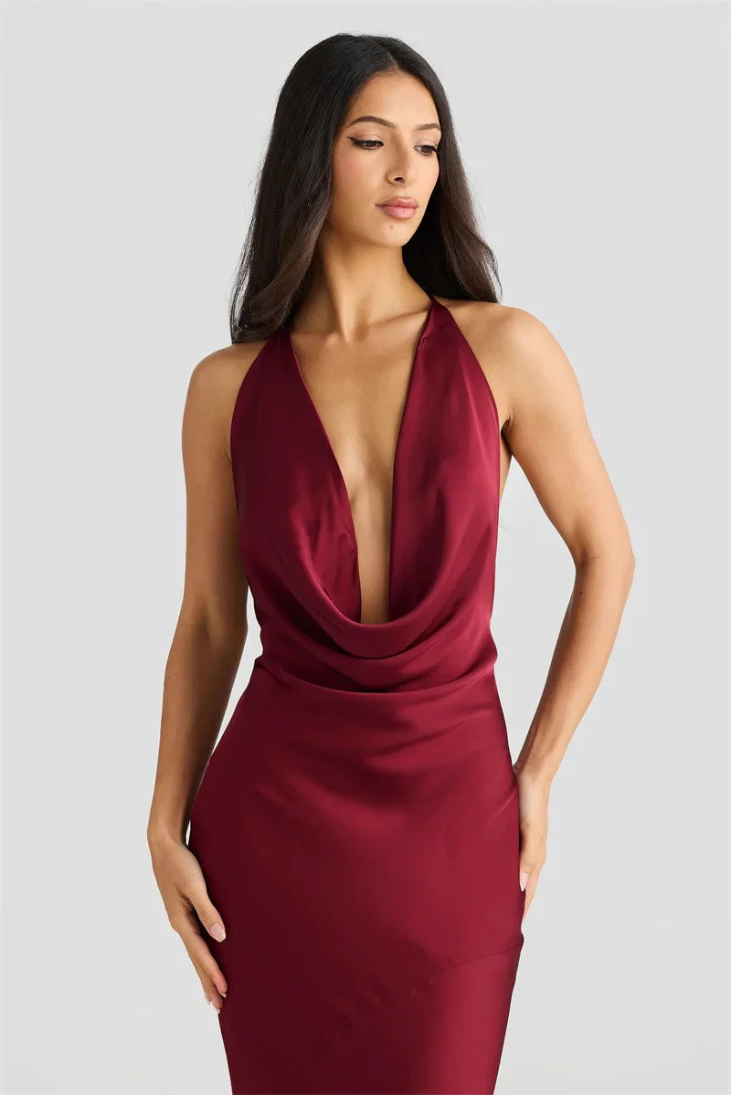 שמלת מקסי סאטן גב פתוח צווארון נופל - פאולה