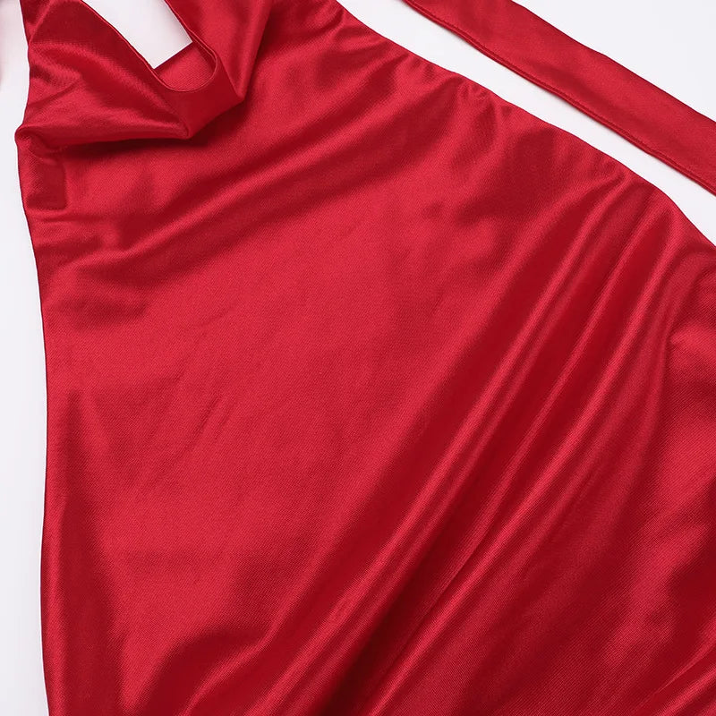 שמלת מקסי סאטן גב פתוח בעיצוב קולר ושסע  - נסטיה