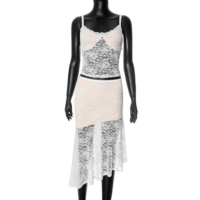 סט תחרה שני חלקים טופ גופיה וחצאית מידי - משי