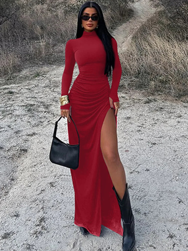 שמלת מקסי כיווצים צווארון גולף בעיצוב שסע עמוק - סאשה