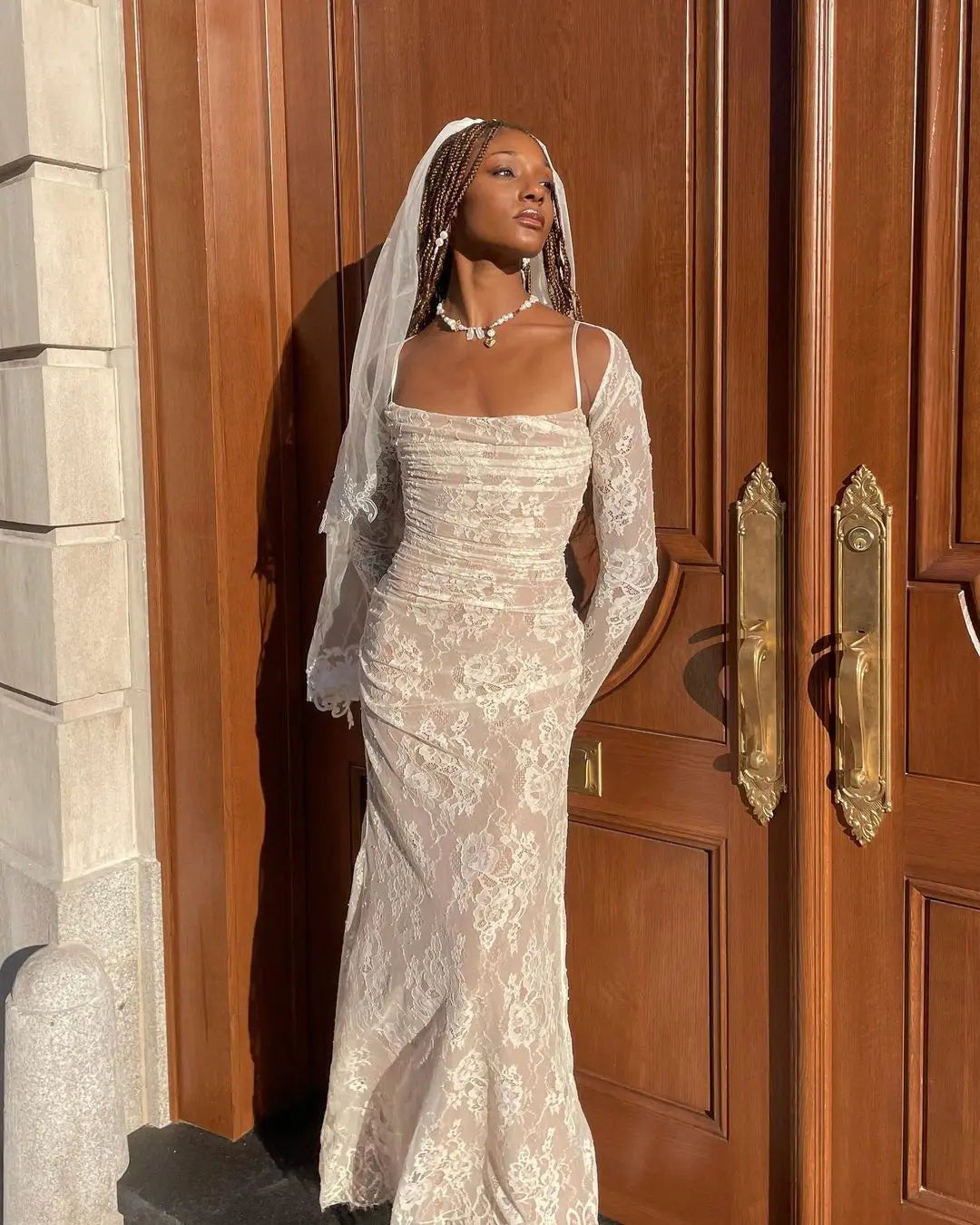 שמלת מקסי אלגנטית תחרה בשילוב עליונית שרוולי תחרה - איליה