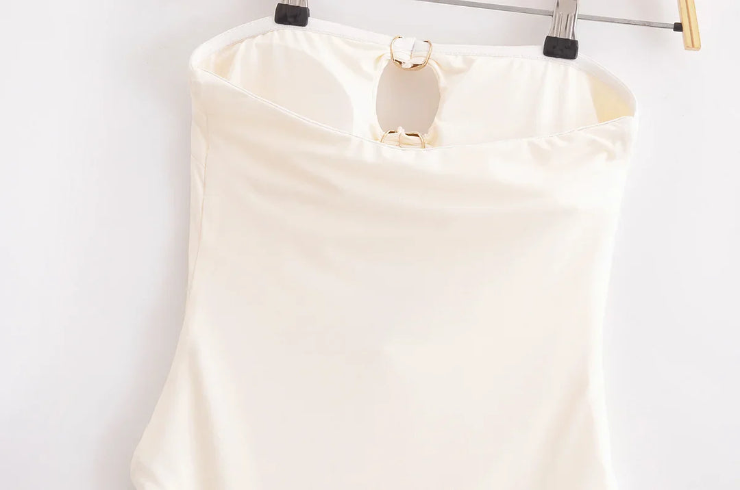 Strapless one-piece swimsuit with gold heart buckles and openings - Choshen 