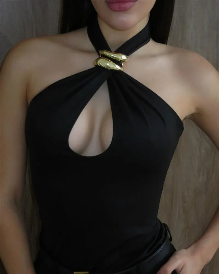 Collared top with a low neckline and open back with buckle decoration - Prince
