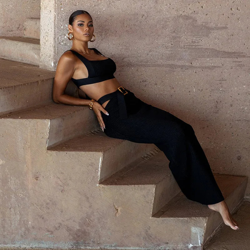 סט סרוג שני חלקים טופ וחצאית מקסי בעיטור אבזם חגורה - Tasi