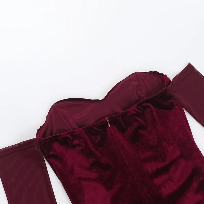 שמלת מידי קטיפה בעיטור קיפולים כתפיים חשופות שרוולי רשת - Johanna