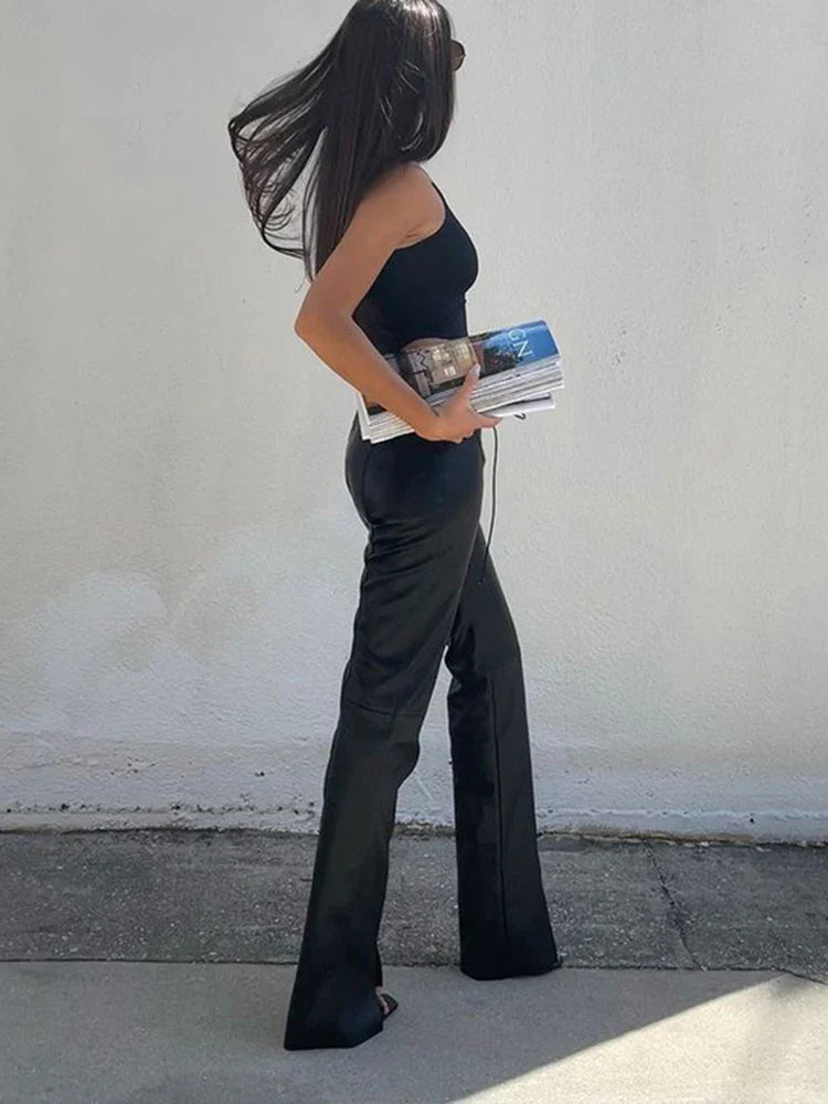 מכנס עור גזרה גבוהה בעיטור קשירה - מיי