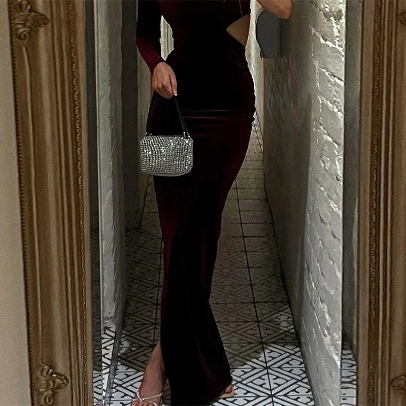 שמלת מקסי קטיפה שרוול אחד גב חשוף - אלינה