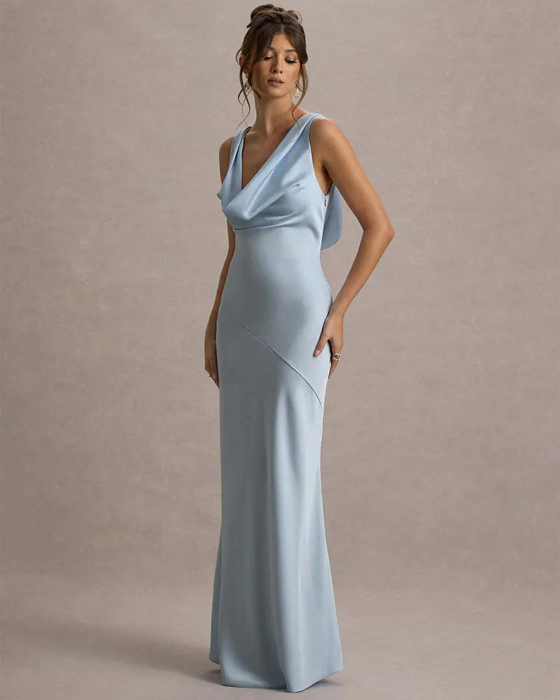 שמלת מקסי סאטן בעיצוב צווארון נופל וגב פתוח - אלקסיס