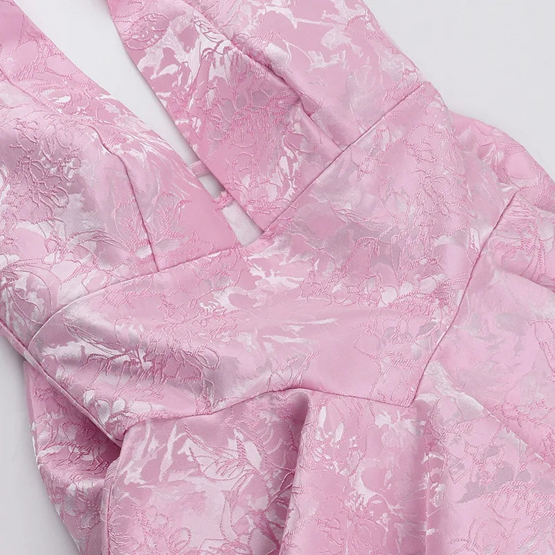 שמלת מיני רקמת איורי פרחים בגזרת A בעיטור פפיון בגב בעיצוב קשירה בגב להצמדה במותן וקשירה בצוואר - Pearl