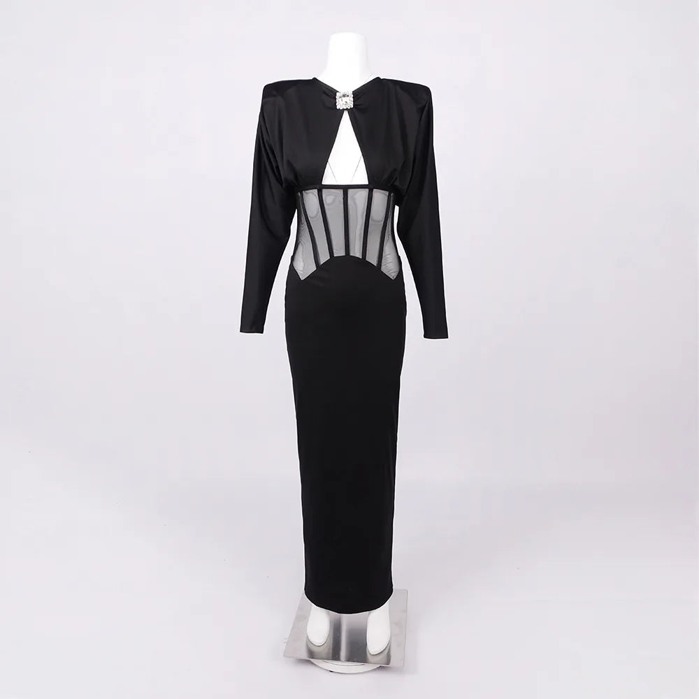 Maxi dress with a slit design and a mesh bodice with a diamond buckle - AMOR