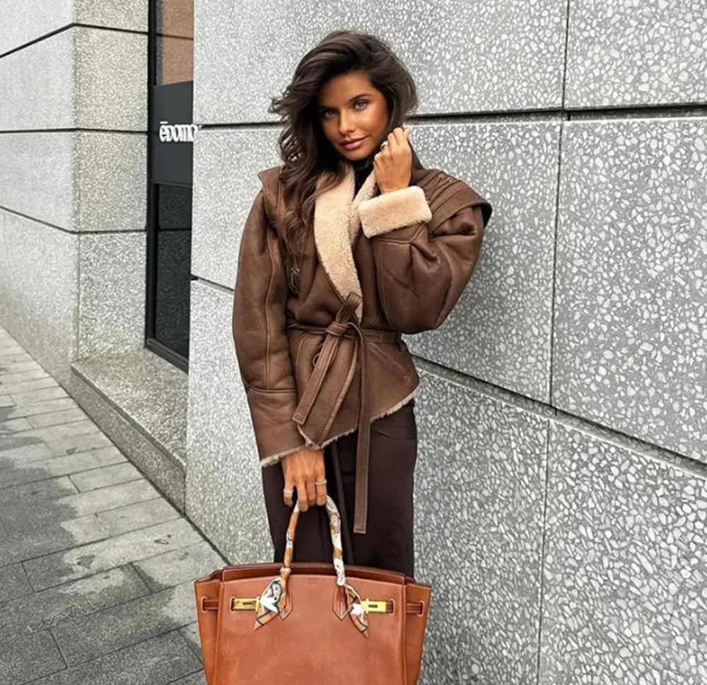 מעיל עור פרווה פנימית בעיצוב קשירת חגורה - מורן