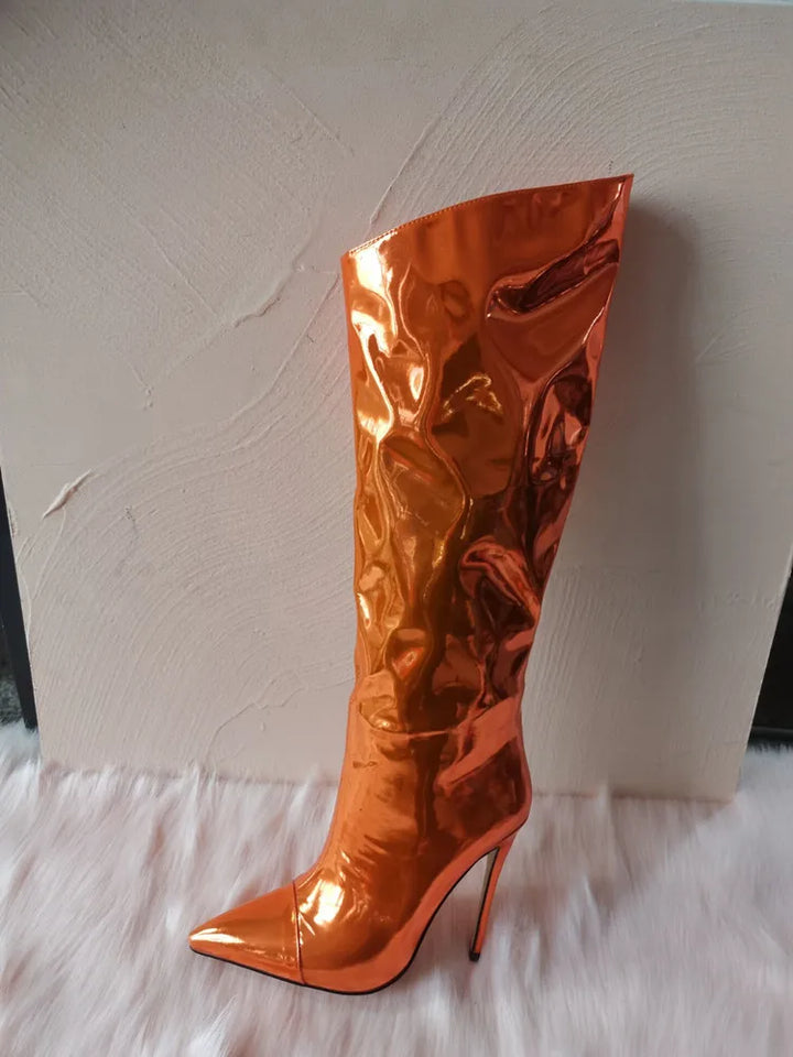 High-heeled pointed-toe boots in shiny leather design - Sloane