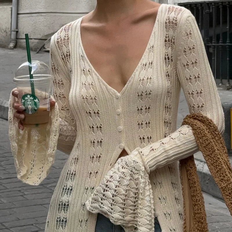 שמלת / עליונית מקסי קרושה סרוגה סגירת כפתורים - דוון