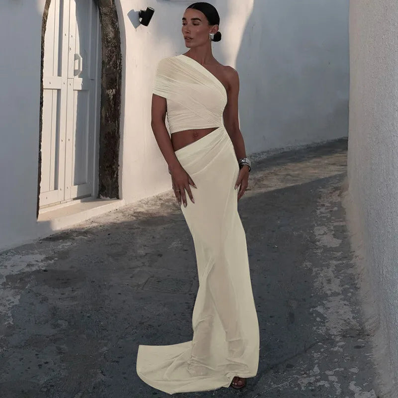 שמלת מקסי שיפון בעיצוב אסימטרי ופתח - שי לין