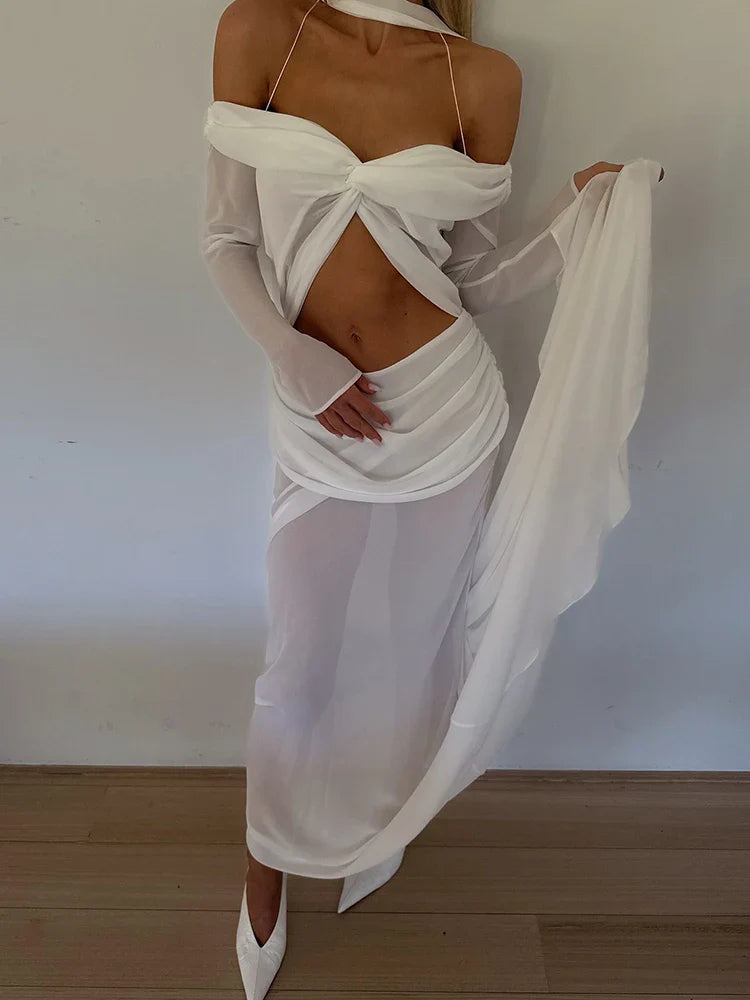 שמלת מקסי שיפון בעיצוב קיפולים ופתח כתפיים חשופות - וולנס