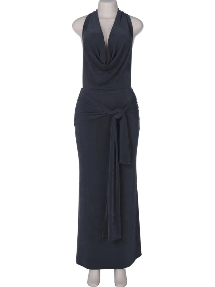 שמלת מקסי זמש סרוגה בעיצוב צווארון נופל גב פתוח בעיטור קשירה - מיכאלה