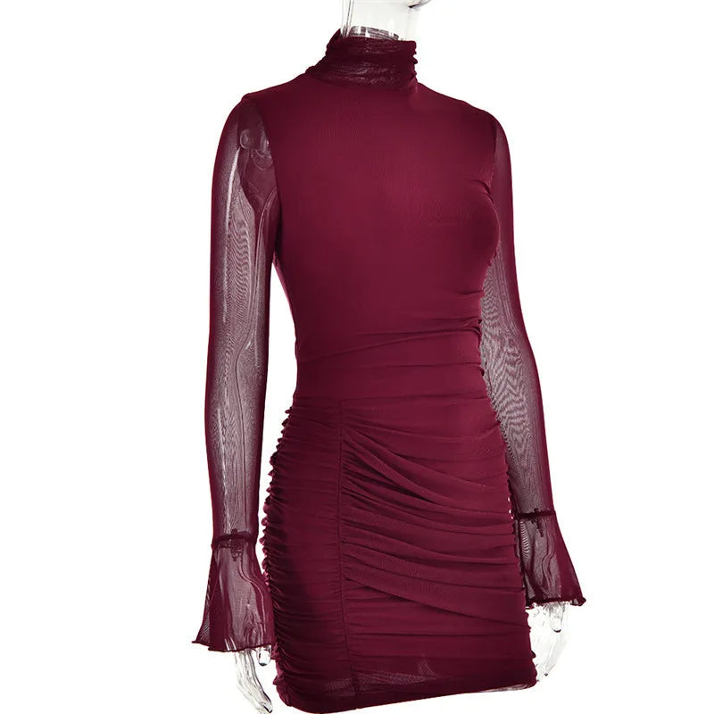 שמלת מיני קיפולים צווארון גולף שרוולי שיפון פעמון -  NARA