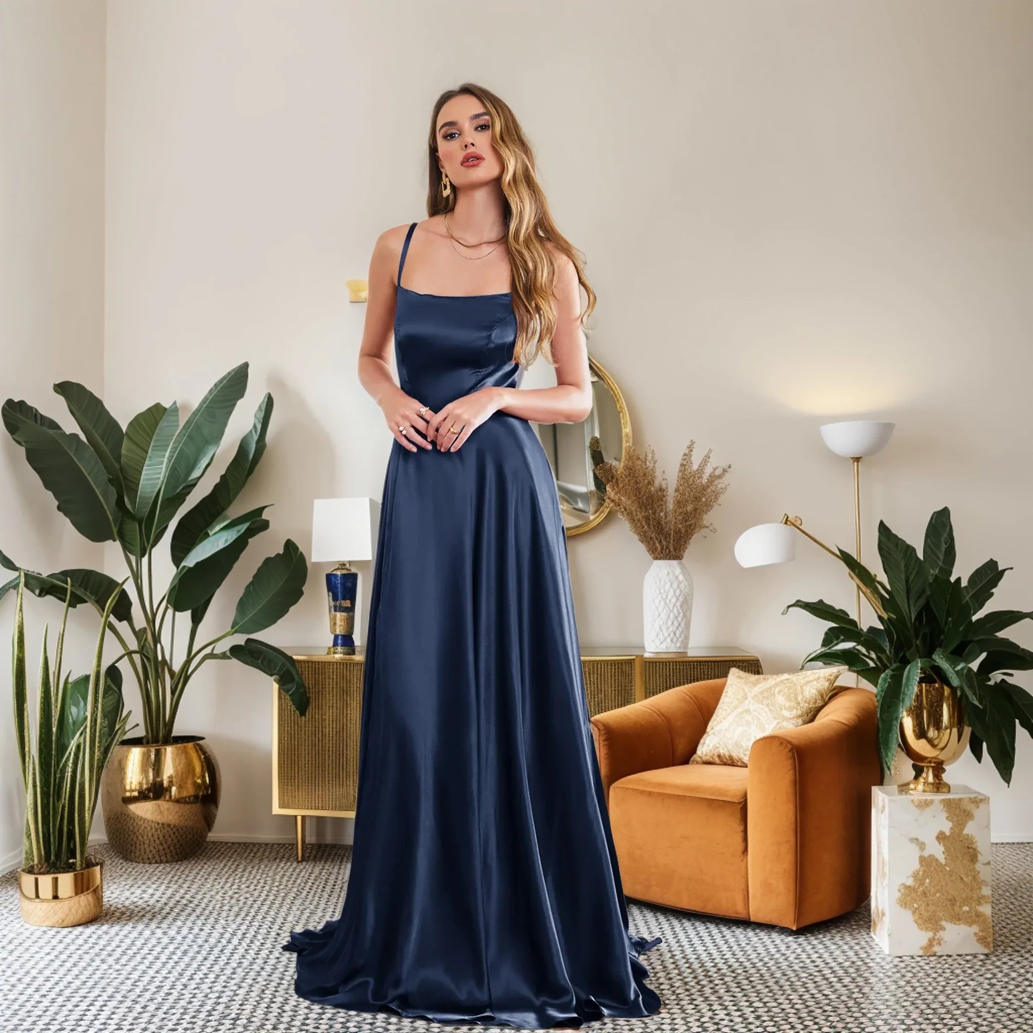 שמלת מקסי סאטן אלגנטית בעיטור שסע בגזרת A קשירה בגב - פרינס