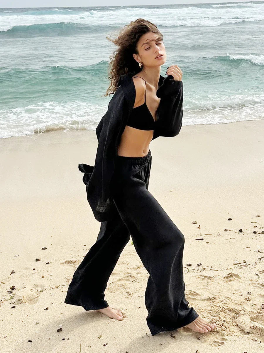 חליפת פשתן 2 חלקים חולצה ומכנסיים ארוכים - צוף