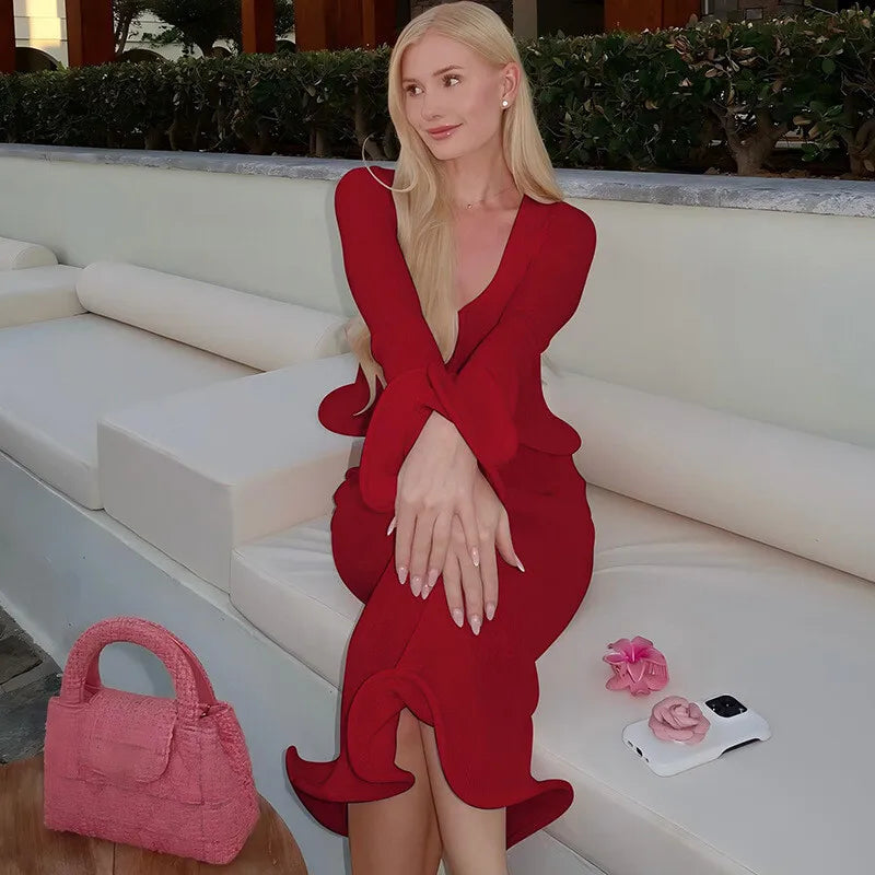 סט שני חלקים סרוג חולצה בסגירת כפתורים וחצאית מקסי - PARIS