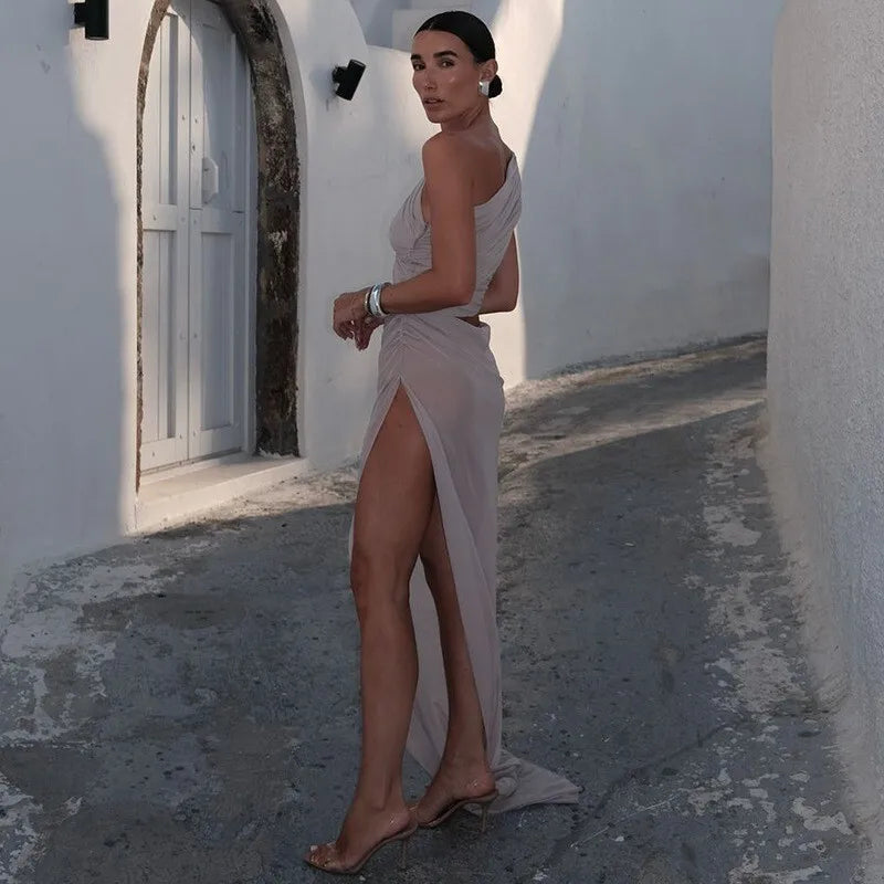 שמלת מקסי שיפון בעיצוב אסימטרי ופתח - שי לין