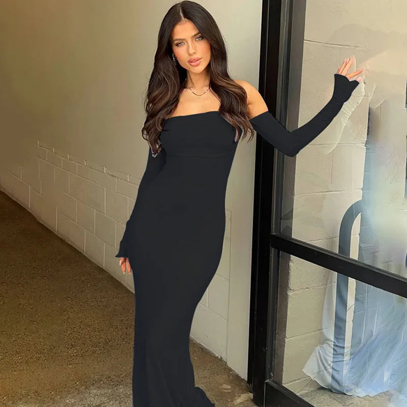 שמלת מקסי כתפיים חשופות שרוולי שיפון פעמון - YANA