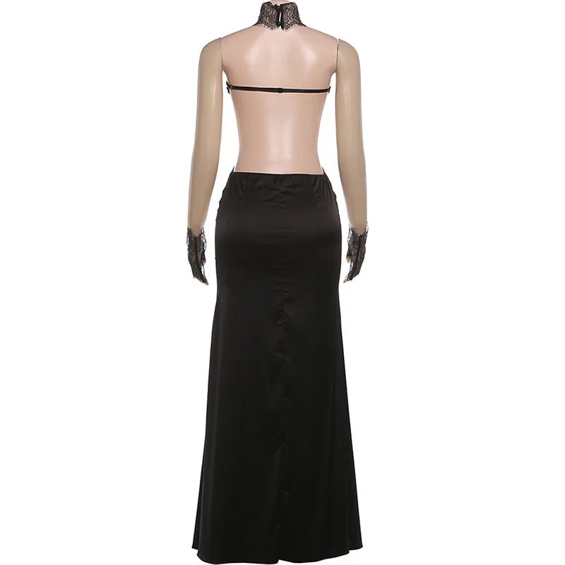 Strapless satin maxi dress in lace design with gloves and collar - GEE