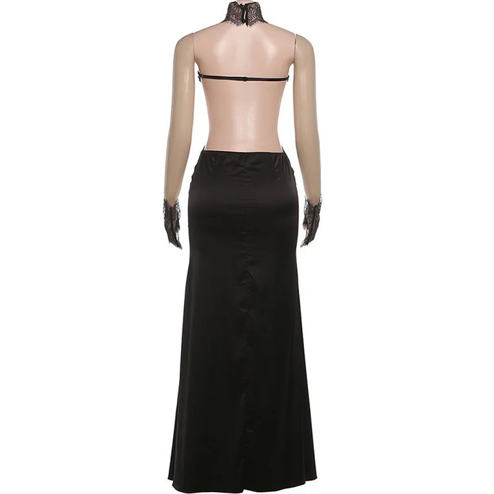 Strapless satin maxi dress in lace design with gloves and collar - GEE