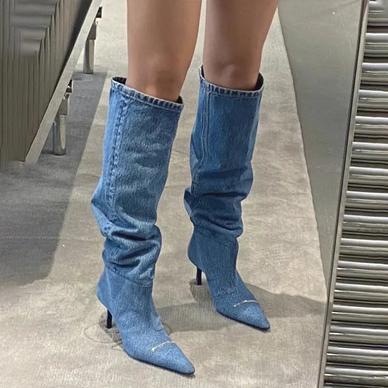 High-heeled denim pointed-toe boots - Jax