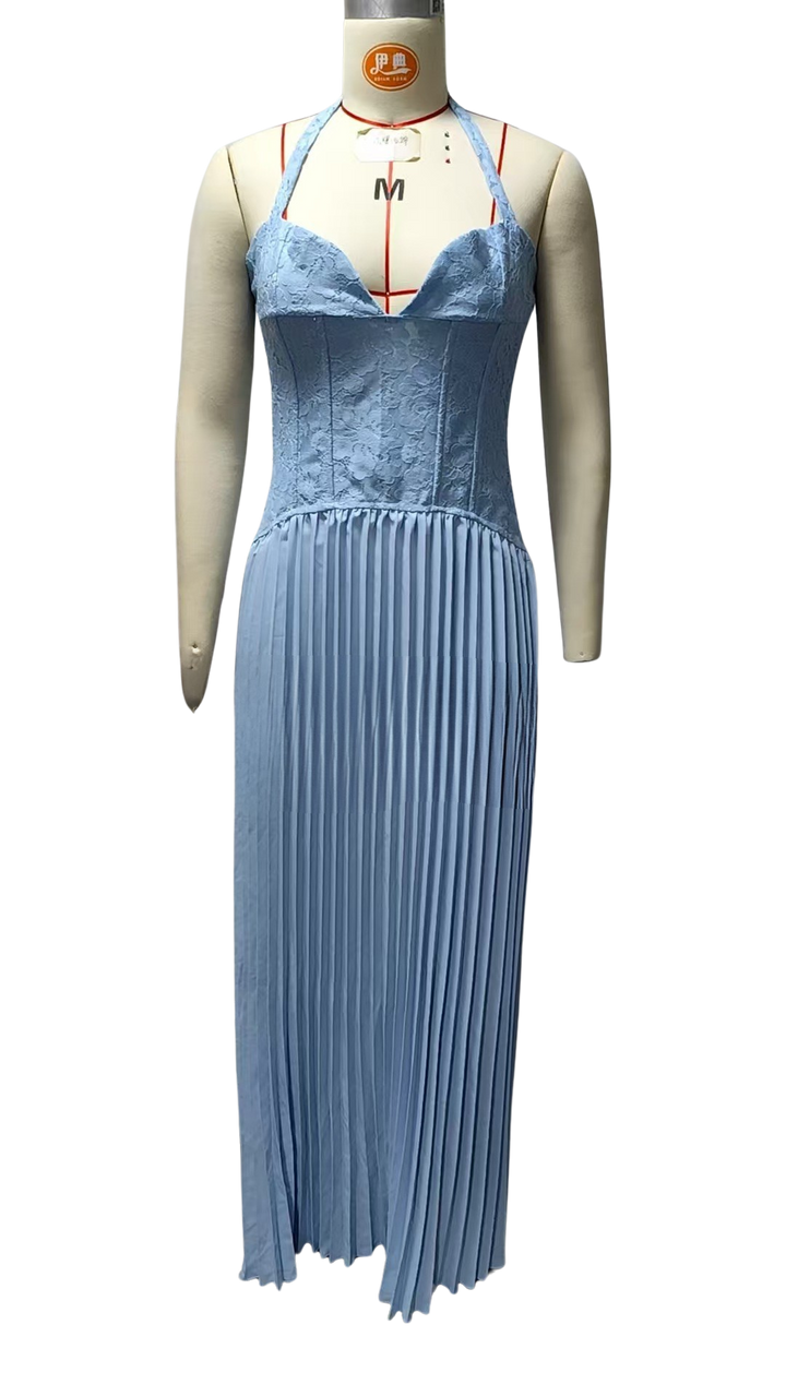Pleated maxi dress with a lace design, back tie, and waist fastening - MELIA