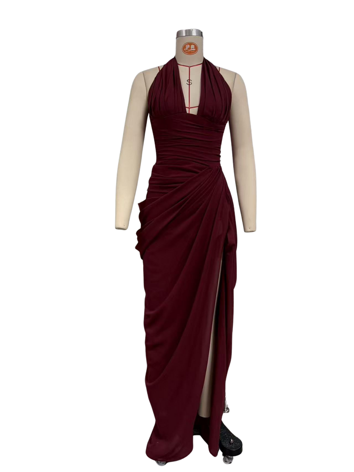 Elegant pleated maxi dress with a slit design and a back tie for a cinched waist – SIA