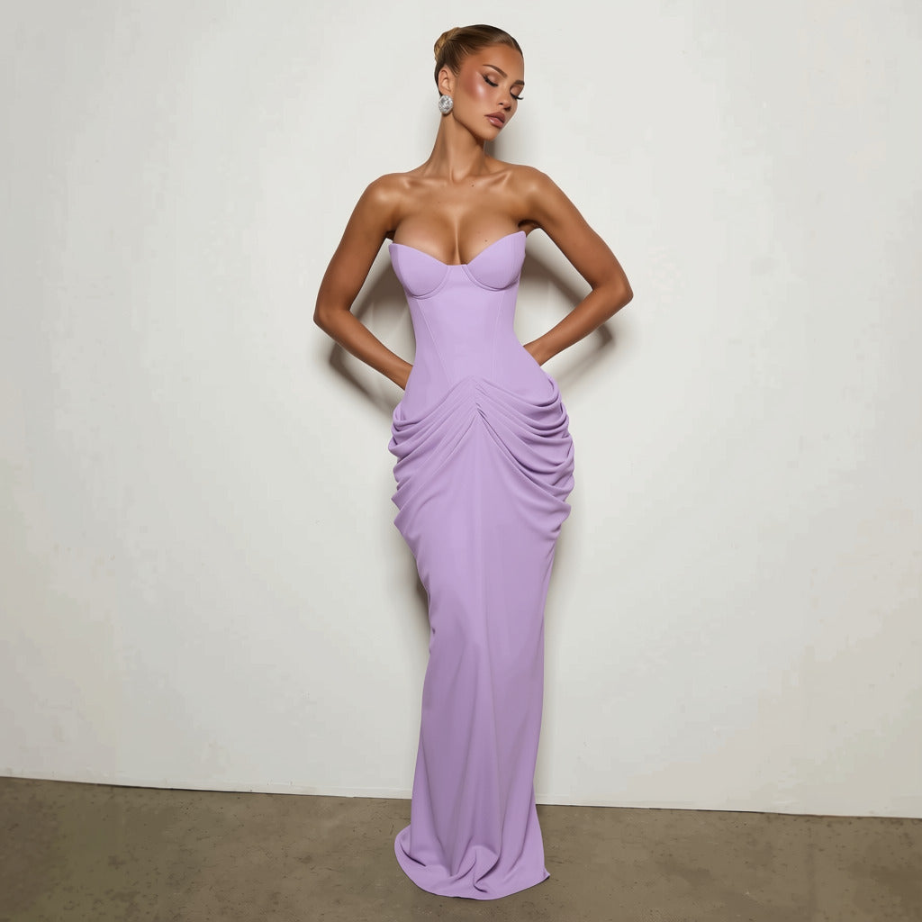 Nalia strapless maxi dress with pleats, corset design, back tie, and waist-cinching fit