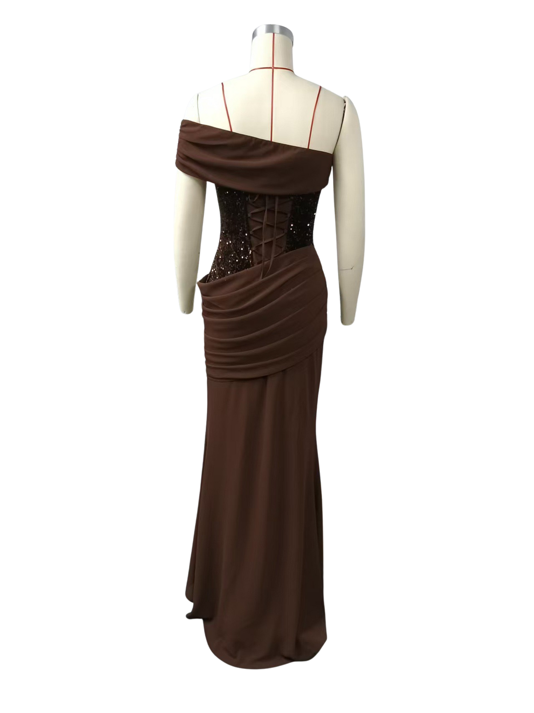 One-shoulder maxi dress with pleats and sequins, ties at the back for fastening at the waist - Sydney