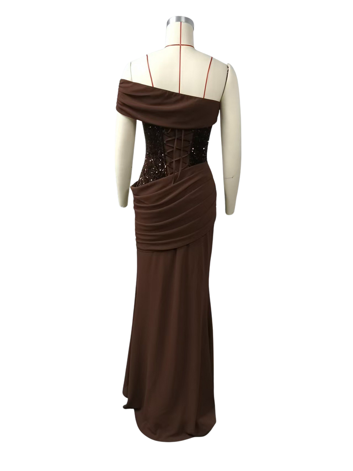 One-shoulder maxi dress with pleats and sequins, ties at the back for fastening at the waist - Sydney