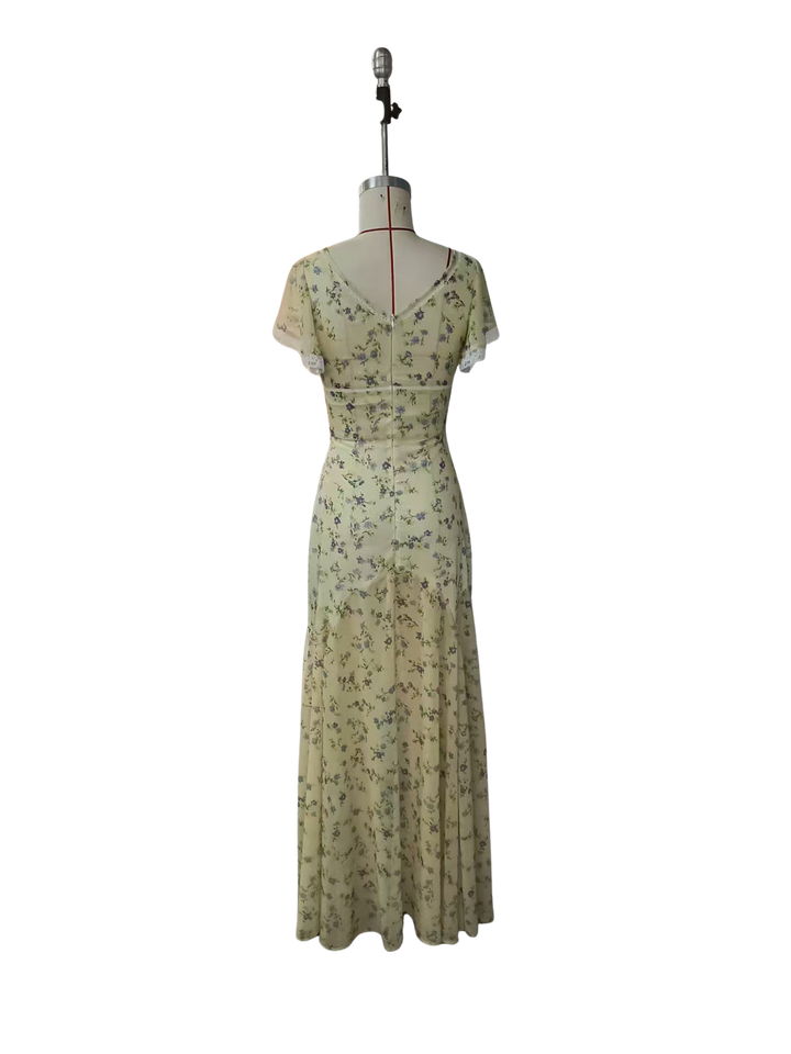 Floral satin maxi dress with lace trim - FLORIE