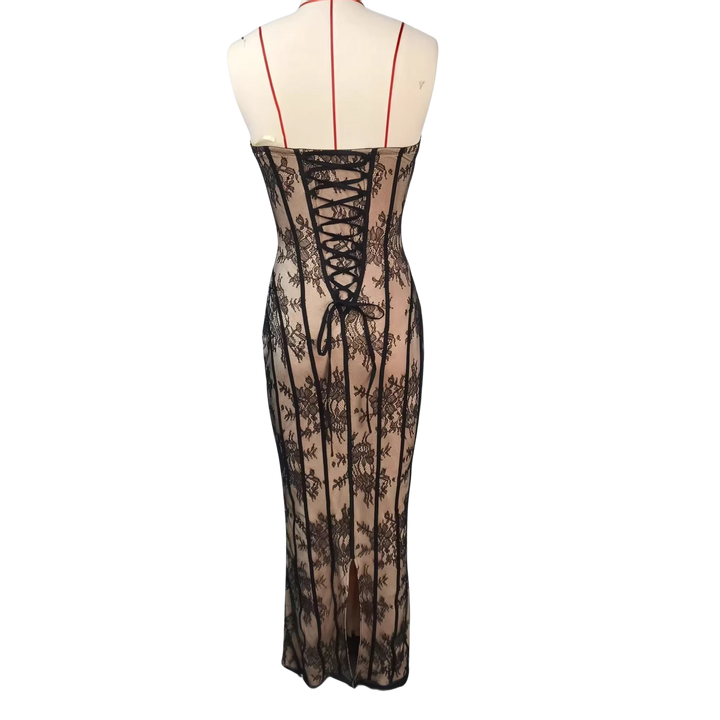 Maxi Strapless Lace Dress with Back Tie Waist Fit - TERRA