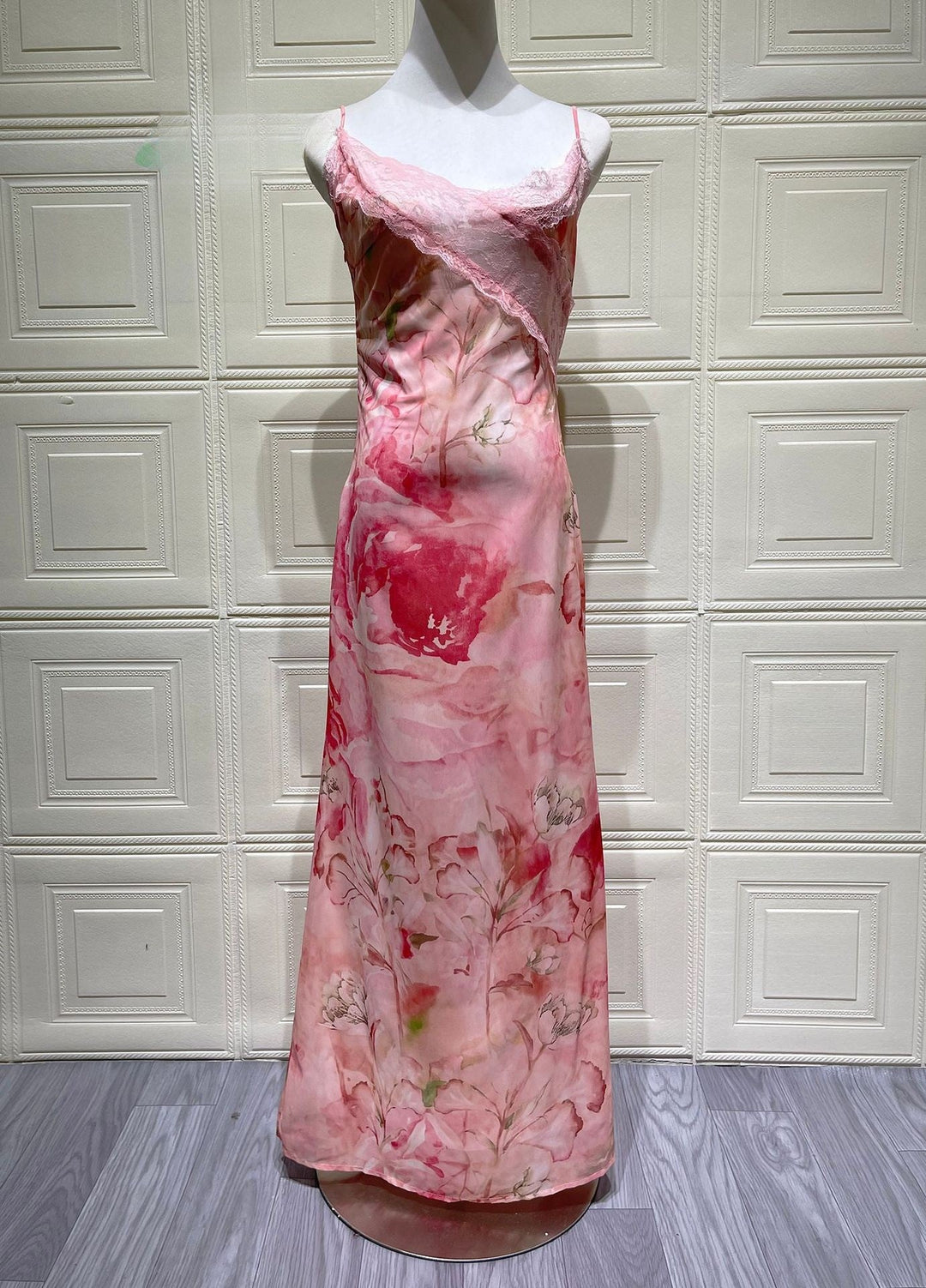 Satin maxi dress with lace trim – ANABELLE