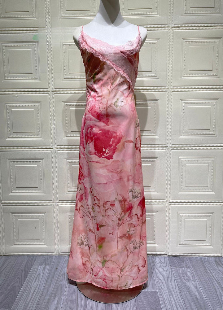 Satin maxi dress with lace trim – ANABELLE