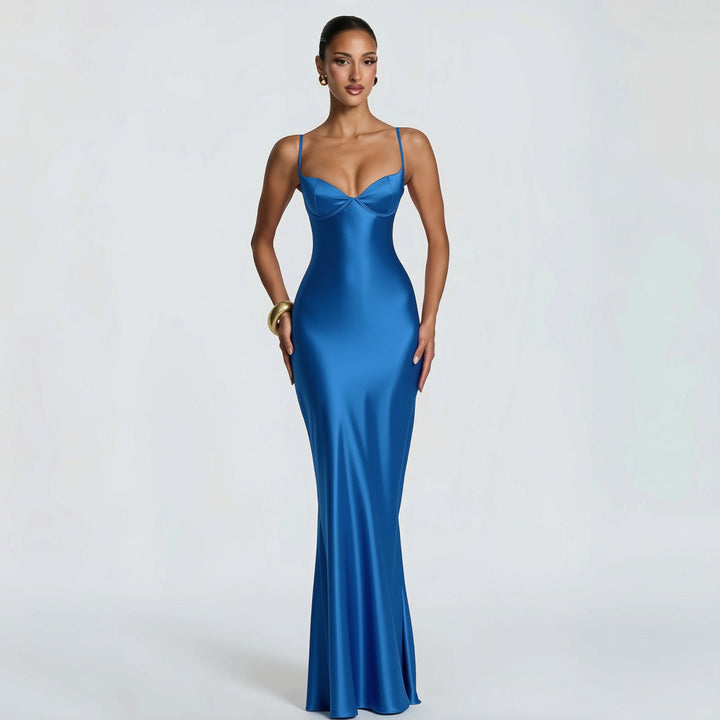 Alaia satin maxi dress with a back tie and waist-cinching design