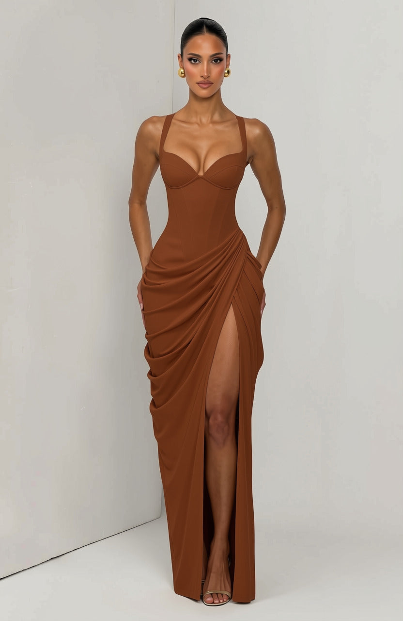 Layla maxi dress with a slit, pleats, corset design, back tie, and waist-cinching fit