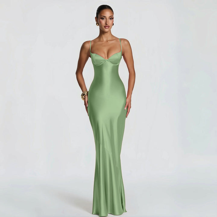 Alaia satin maxi dress with a back tie and waist-cinching design