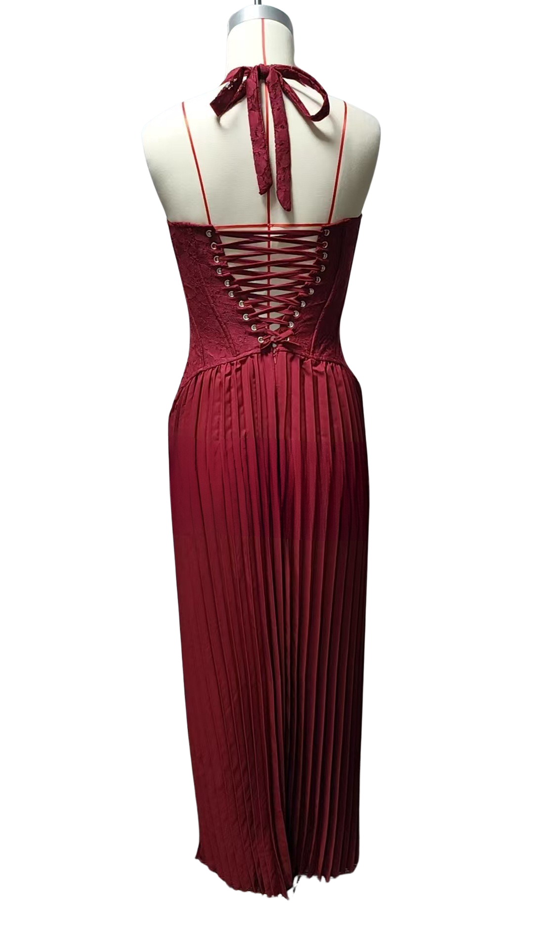 Pleated maxi dress with a lace design, back tie, and waist fastening - MELIA