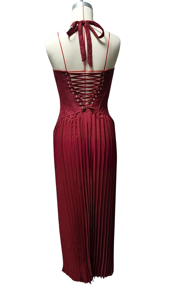 Pleated maxi dress with a lace design, back tie, and waist fastening - MELIA
