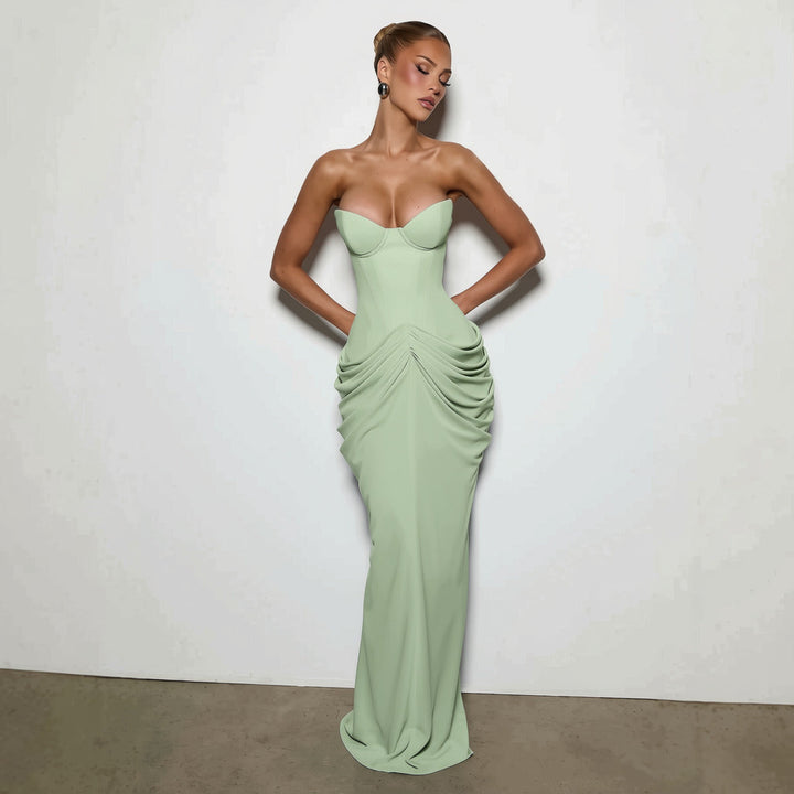 Nalia strapless maxi dress with pleats, corset design, back tie, and waist-cinching fit