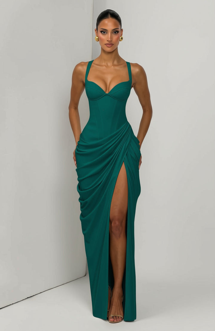 Layla maxi dress with a slit, pleats, corset design, back tie, and waist-cinching fit