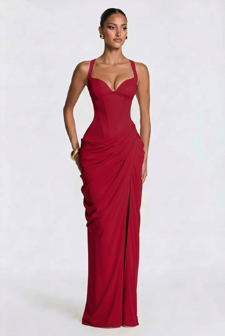 Layla maxi dress with a slit, pleats, corset design, back tie, and waist-cinching fit