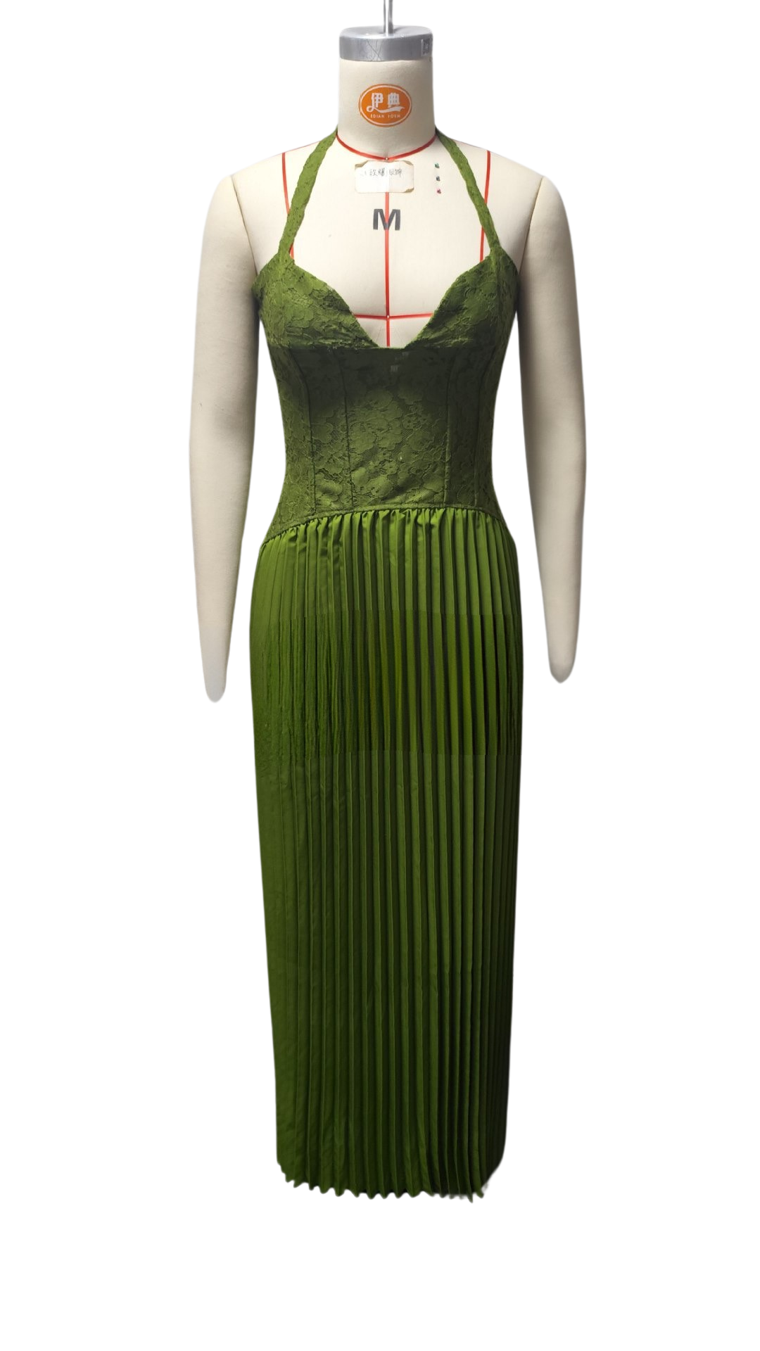 Pleated maxi dress with a lace design, back tie, and waist fastening - MELIA