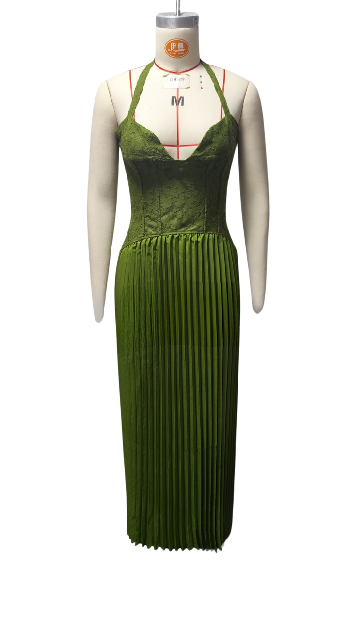 Pleated maxi dress with a lace design, back tie, and waist fastening - MELIA