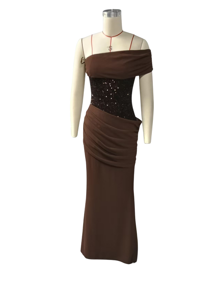 One-shoulder maxi dress with pleats and sequins, ties at the back for fastening at the waist - Sydney