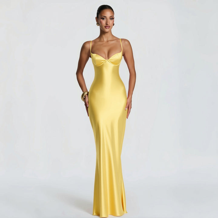 Alaia satin maxi dress with a back tie and waist-cinching design